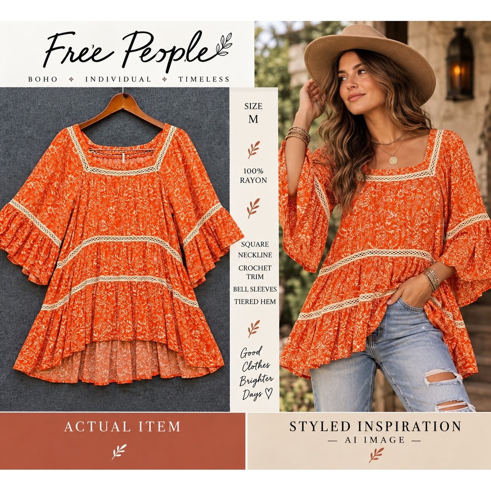 Free People Tunic Womens Boho Floral Crochet Bell Sleeve Orange M Excellent Boho
